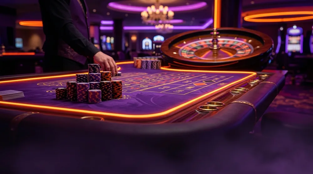 Casino W88 – bàn chơi tím viền neon cam, chồng chip và bánh xe roulette phía sau